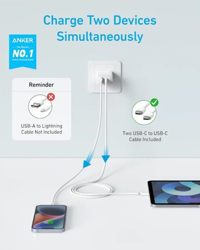 شارژر دیواری 20 وات انکر Anker 20W Dual Port Charger With USB-C Cable B2348G21 دوپین ایران - Image 4