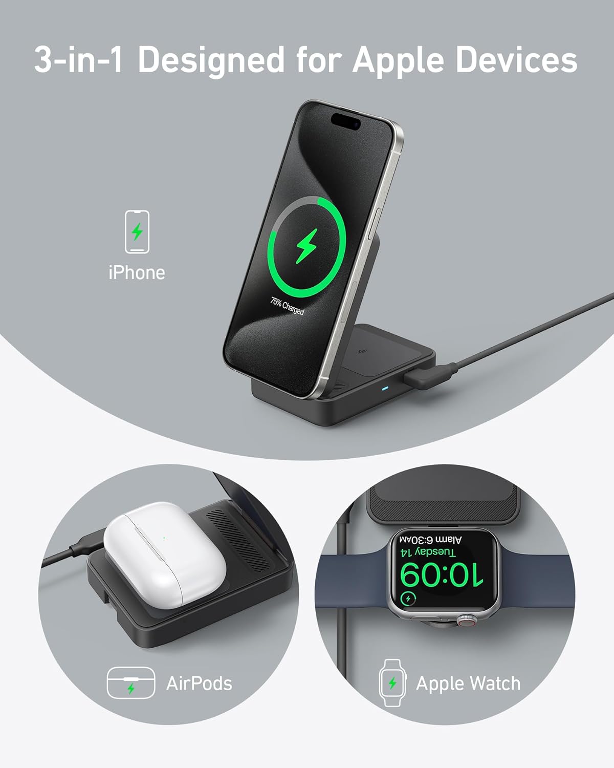 شارژر وایرلس سهکاره انکر Anker MagGo Wireless Charging Station Foldable 3-in-1 B2557 - Image 5