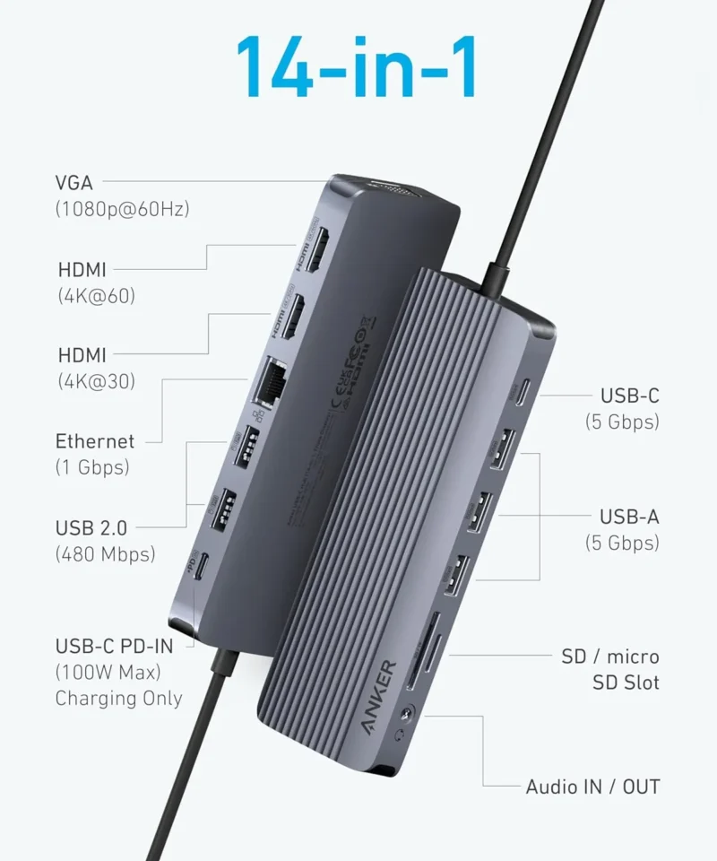 هاب 14 پورت انکر Anker Laptop Docking Station 14 in 1 A8389 - Image 3